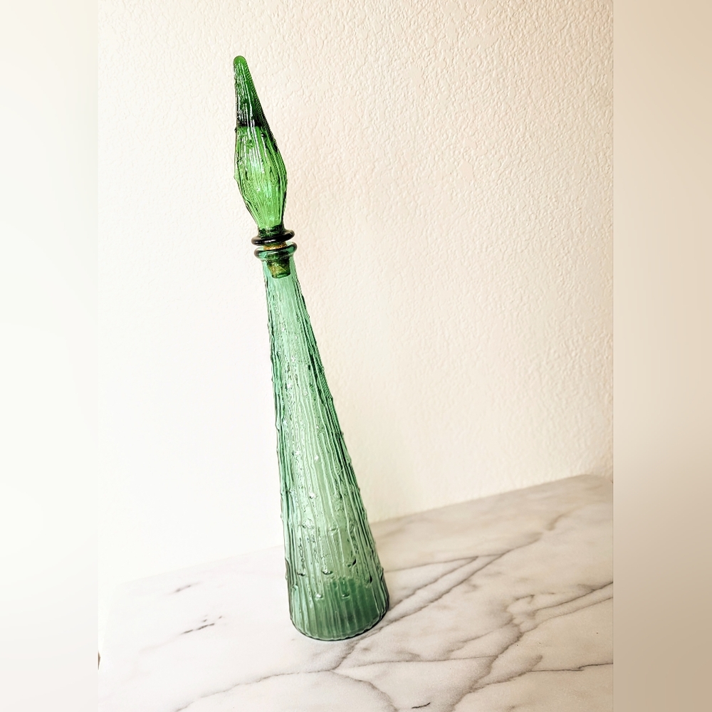 Mid Century 22" Tall Green Italy Empoli Genie Bottle Glass Decanter Vase